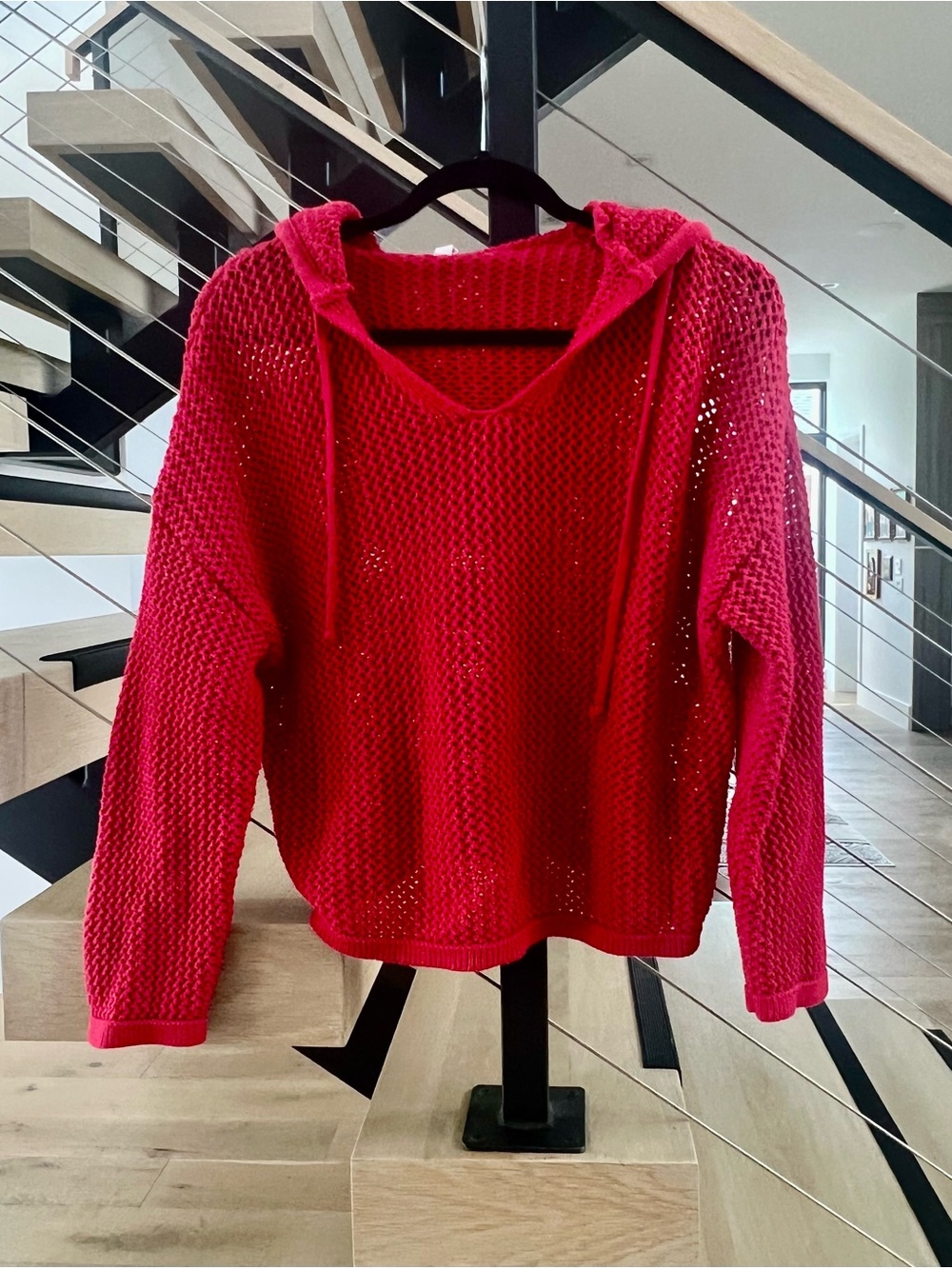Wishlist Open-Knit Hoodie Sweater in Bright Red